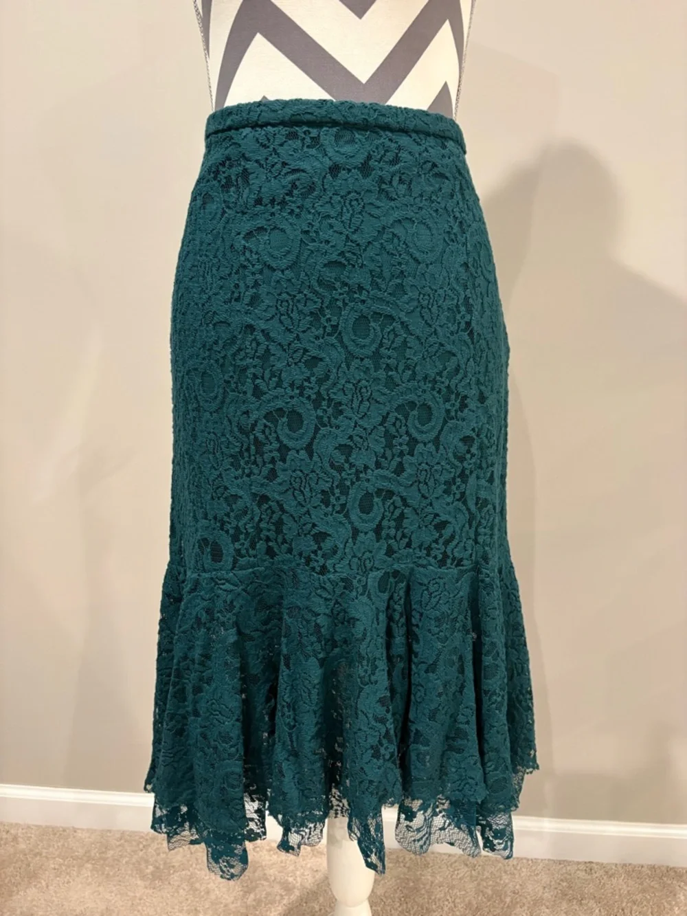 Anthropologie Teal Lace Asymmetrical Hem Skirt